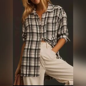 Pilcro Anthropology Oversized Longline Flannel Shirt Gray Black Button 2X
